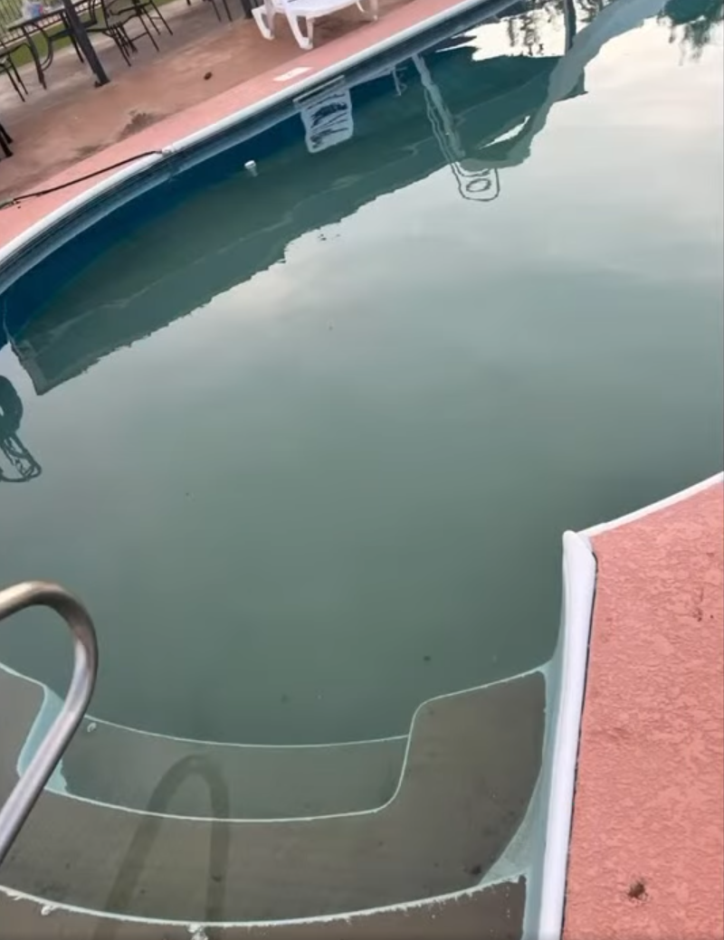 Cloudy pool restored to crystal clear after a weekly service start — before
