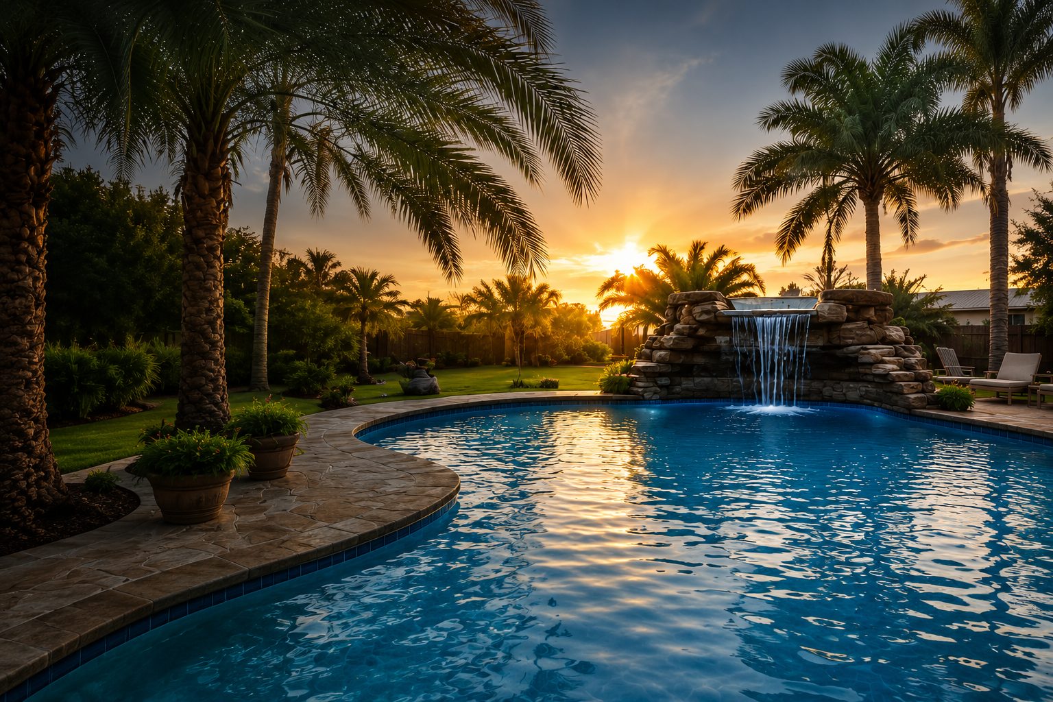 Backyard pool at sunset serviced by Caliber Pool & Spa Servicing